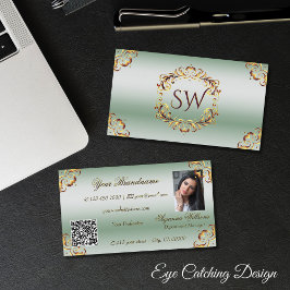 Sierlijk Goud Decor Groen Monogram Foto QR Code Visitekaartje