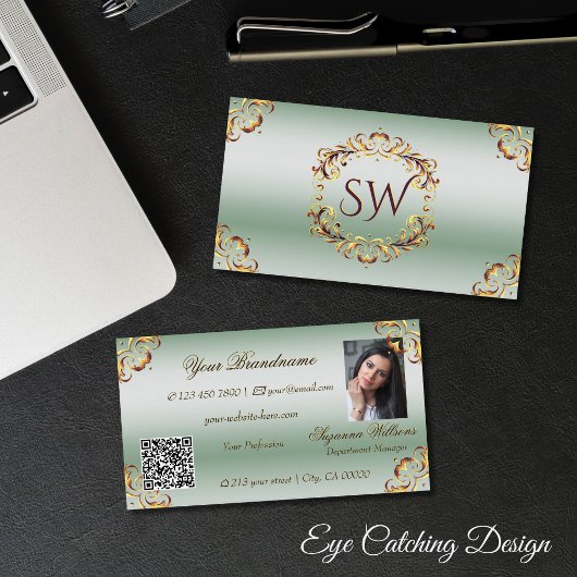 Sierlijk Goud Decor Groen Monogram Foto QR Code Visitekaartje