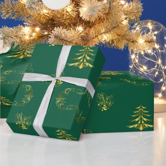 Sierlijk Goud en Groen Kerstmis Cadeaupapier (Feestdagen)