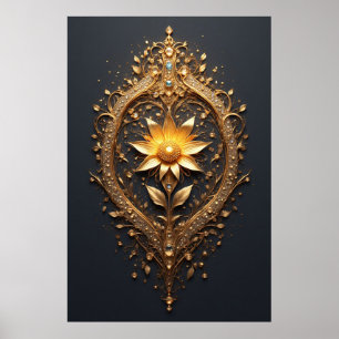 Sierlijk gouden frame met grote metalen bloemenmed poster