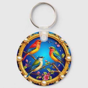 🕊️ Sierlijk gouden frame met kleurrijke vogels Sleutelhanger
