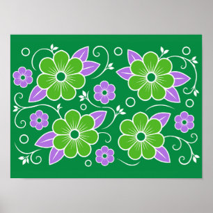 Sierlijk groen en paars bloempatroon poster