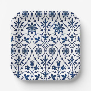 Sierlijk marineblauw op wit patroon papieren bordje