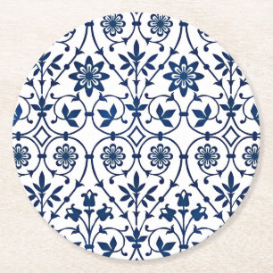 Sierlijk marineblauw op wit patroon ronde kartonnen onderzetter