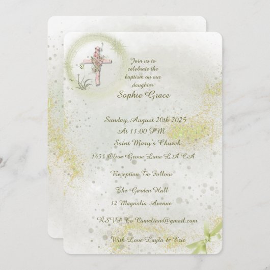 Sierlijk met Zacht groene doop uitnodiging (Voorkant / Achterkant)