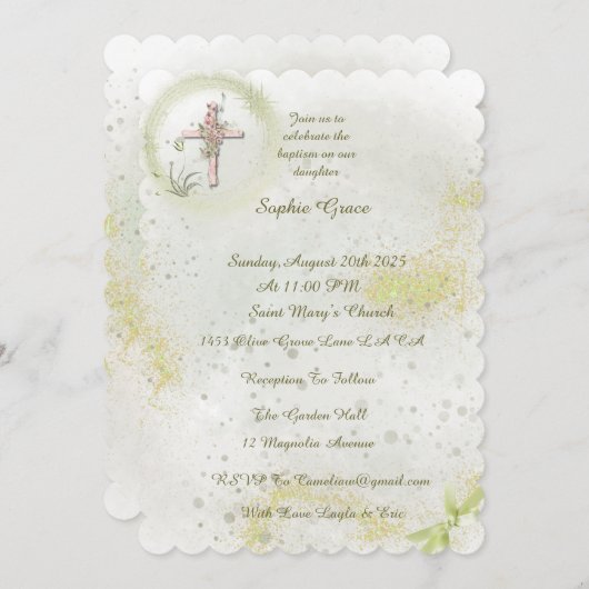 Sierlijk met Zacht groene doop uitnodiging (Voorkant / Achterkant)