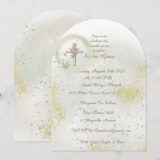 Sierlijk met Zacht groene doop uitnodiging (Voorkant / Achterkant)