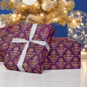 Sierlijk Paars & Goud Damast Patroon Cadeaupapier