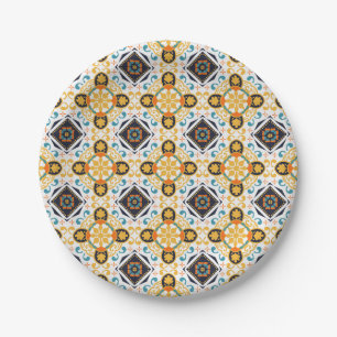 Sierlijk patroon met gele en blauwe geometrische papieren bordje