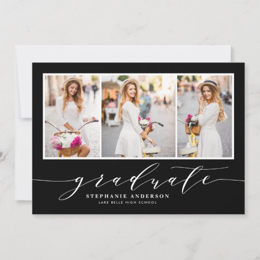 sierlijk script drie foto zwart afstudeerfeest kaart (Voorkant)