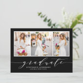sierlijk script drie foto zwart afstudeerfeest kaart (Staand voorkant)