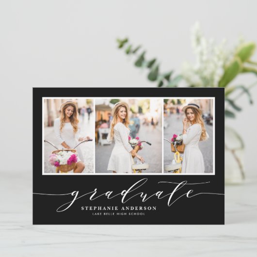 sierlijk script drie foto zwart afstudeerfeest kaart (Staand voorkant)