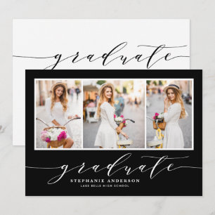 sierlijk script drie foto zwart afstudeerfeest kaart