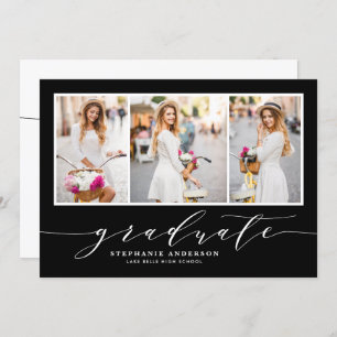 sierlijk script drie foto zwart afstudeerfeest kaart