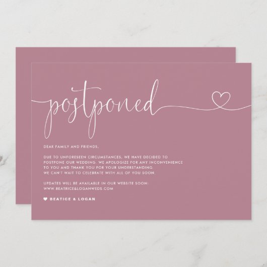 sierlijk script mauve bruiloft uitstel aankondiging (Voorkant / Achterkant)