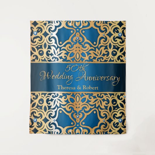 Sierlijk Vintage Goud En Blauwe Gejewelde Jubileum Wandkleed (Voorkant)