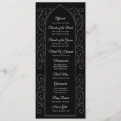 Sierlijk zwart en wit gotisch huwelijksprogramma menu (Achterkant)