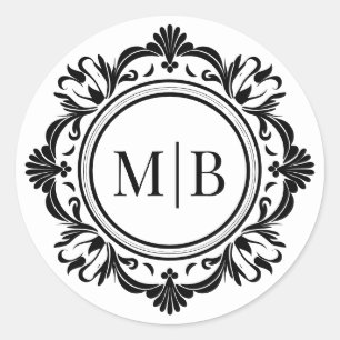 Sierlijk zwart wit bloemmotief trouw monogram ronde sticker