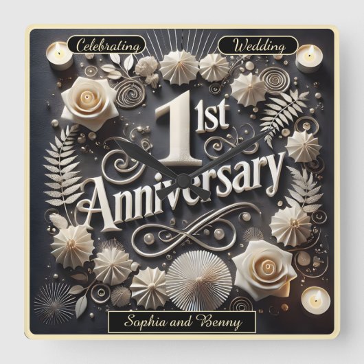 Sierlijke 1e Jubileum papieren krans Vierkante Klok (Voorkant)