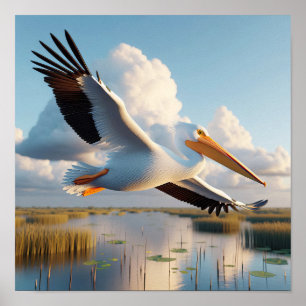 Sierlijke Amerikaanse witte pelikaan in serene wet Poster