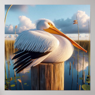 Sierlijke Amerikaanse witte pelikaan in serene wet Poster