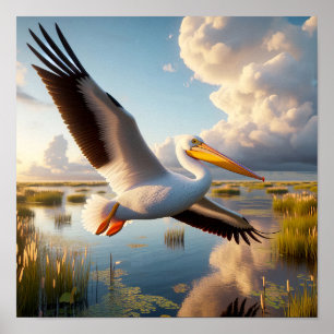 Sierlijke Amerikaanse witte pelikaan in serene wet Poster