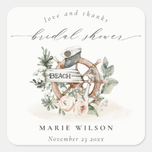 Sierlijke anker wiel bladrijke bloem bruidsdouche vierkante sticker