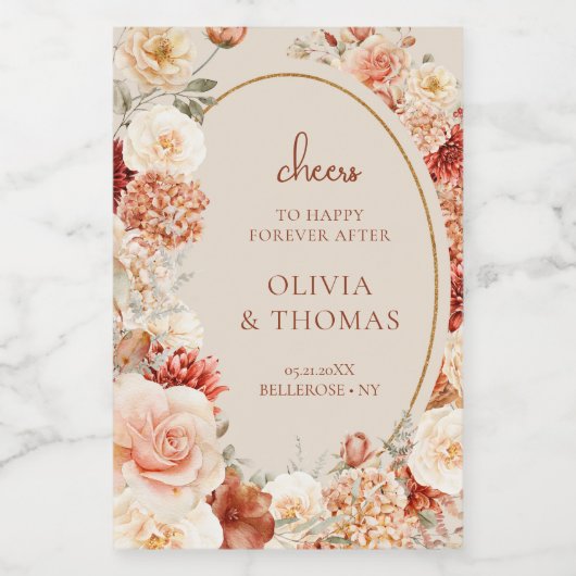 Sierlijke aquarel bloemen herfstkleuren koperen bl wijn etiket (Enkel label)