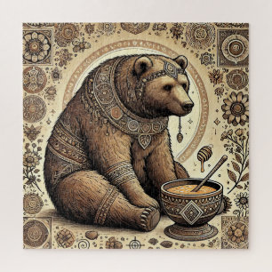 Sierlijke beer omringd door mandala en honing legpuzzel