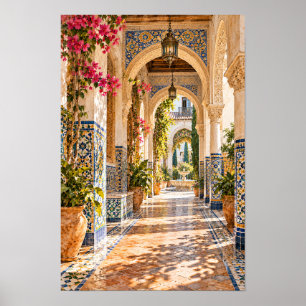 Sierlijke betegelde arcade binnenplaats wandkunst poster