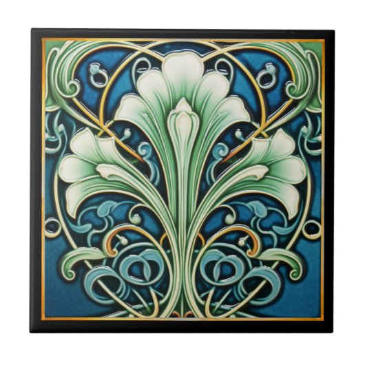 Sierlijke blauwe Fan Flower Art Deco Keramische Te Tegeltje (Voorkant)