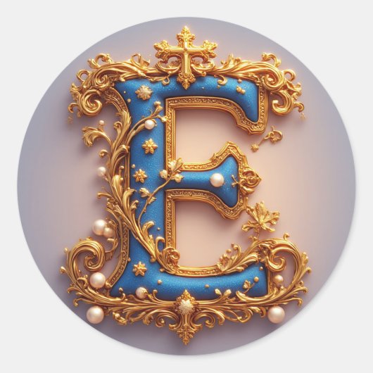 Sierlijke blauwe letter E Ronde Sticker (Voorkant)
