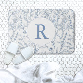 Sierlijke Blauwe & Witte Bloemen Monogram Badmat