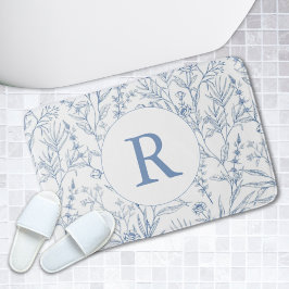 Sierlijke Blauwe & Witte Bloemen Monogram Badmat