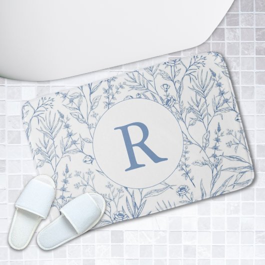 Sierlijke Blauwe & Witte Bloemen Monogram Badmat