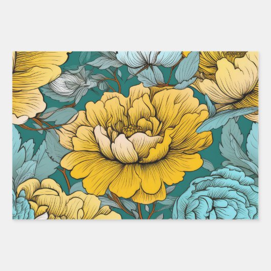 Sierlijke Blauwgroen, Geel & Wit Bloemen Inpakpapier Vel (Voorkant 3)