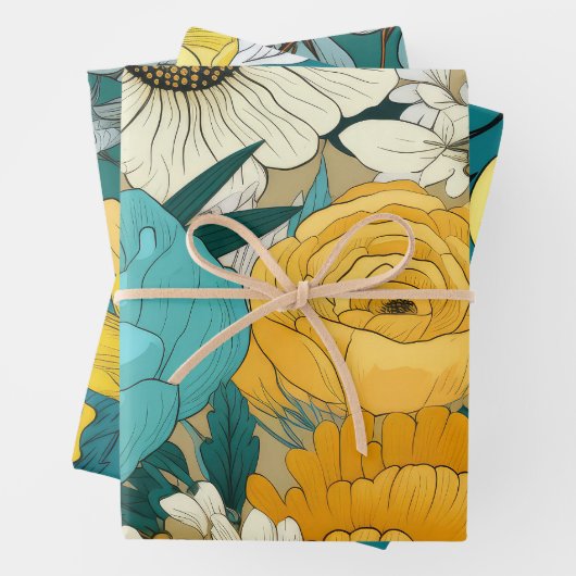 Sierlijke Blauwgroen, Geel & Wit Bloemen Inpakpapier Vel (In situ)