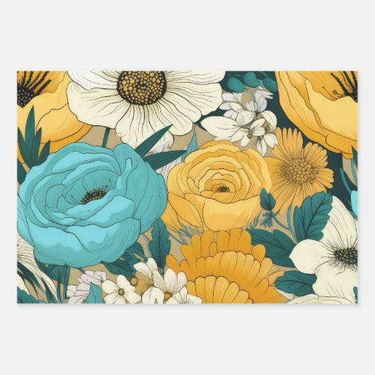 Sierlijke Blauwgroen, Geel & Wit Bloemen Inpakpapier Vel (Voorkant)