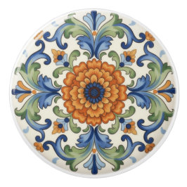 Sierlijke Bloem Blauw Oranje Groen Bloemmotief Keramische Knop