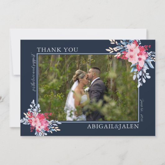 Sierlijke Bloemen Roze en Dusty Blue Wedding Bedankkaart (Voorkant)