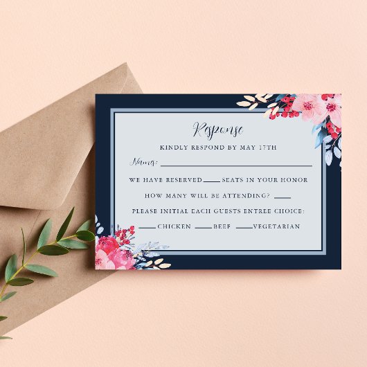 Sierlijke Bloemen Roze en Dusty Blue Wedding RSVP Kaartje