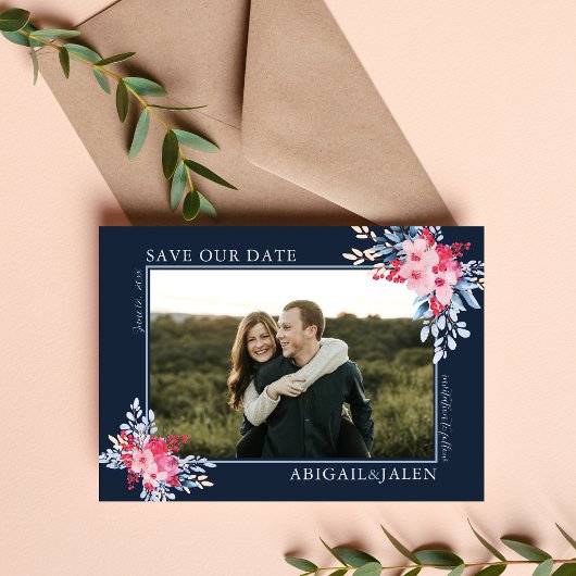 Sierlijke Bloemen Roze en Dusty Blue Wedding Save The Date