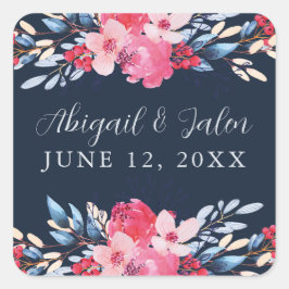 Sierlijke Bloemen Roze en Dusty Blue Wedding Vierkante Sticker