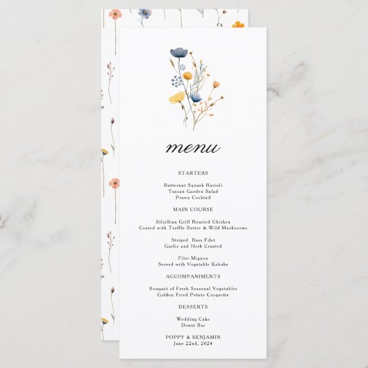 Sierlijke Bloemen Wildflower bruiloft Menu (Voorkant / Achterkant)