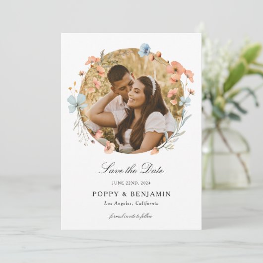 Sierlijke Bloemen Wildflower bruiloft Save The Date (Staand voorkant)