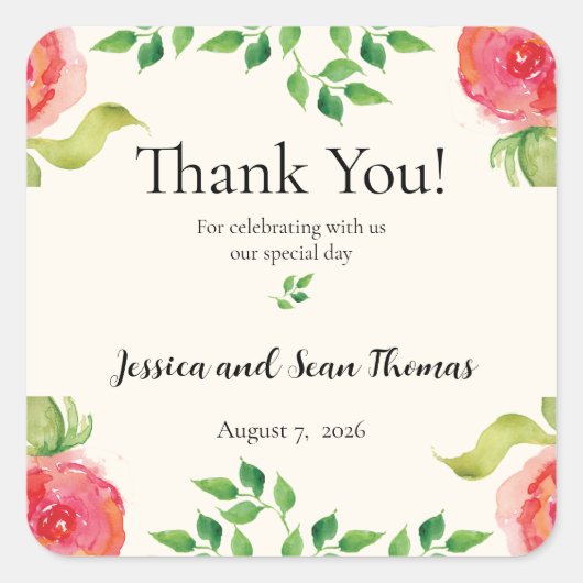 sierlijke bloemenbruiloft dank u vierkante sticker (Voorkant)