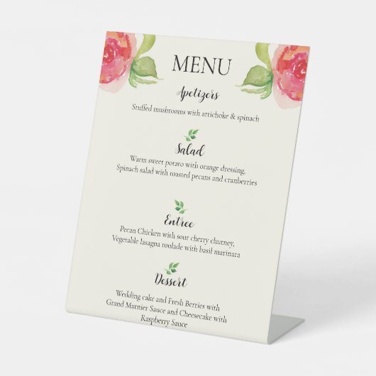 Sierlijke bloemenbruiloft menu reclamebord met voetstuk (Voorkant)