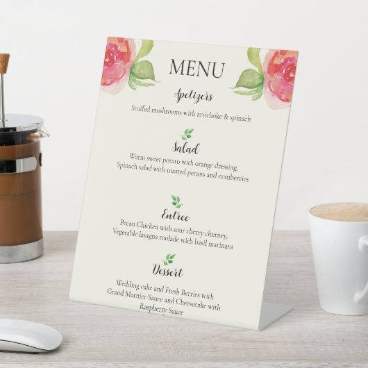 Sierlijke bloemenbruiloft menu reclamebord met voetstuk (Insitu)