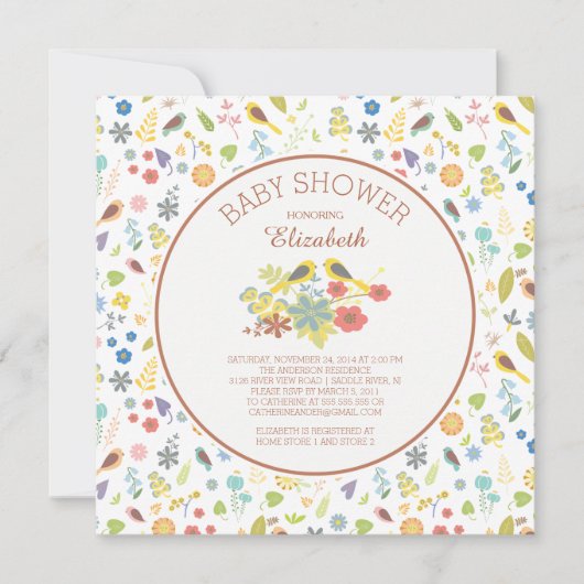 sierlijke bloemenliefde vogel baby douche uitnodig kaart (Voorkant)