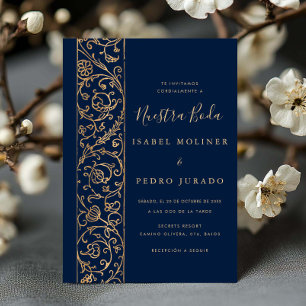 Sierlijke Bloemrijke Goud Navy Nuestra Boda Trouwe Kaart